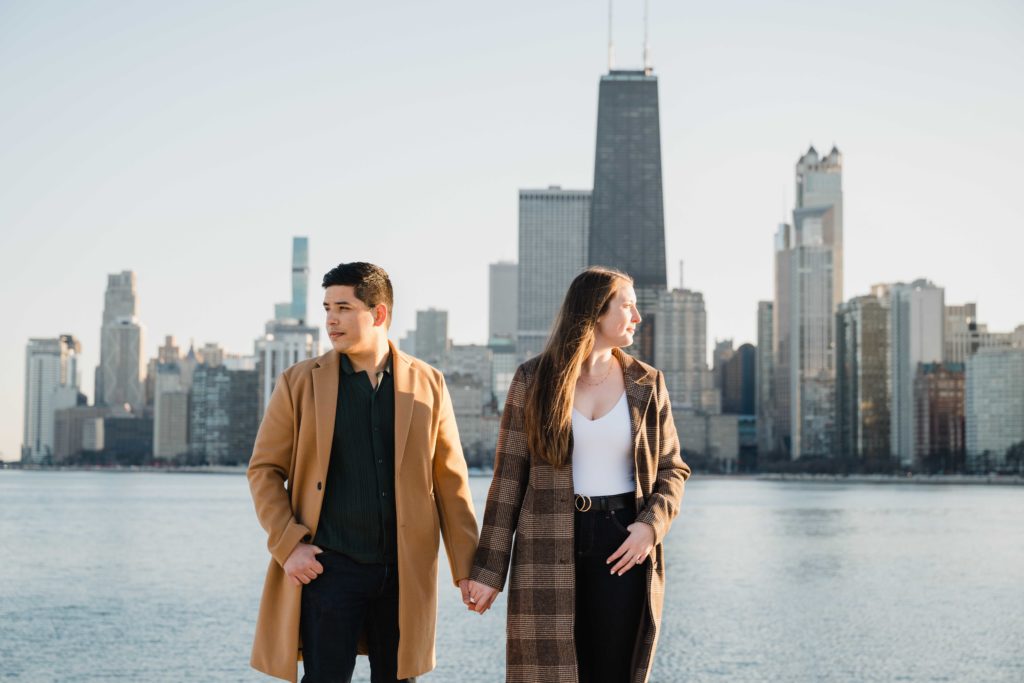 Chicago skyline behind couple