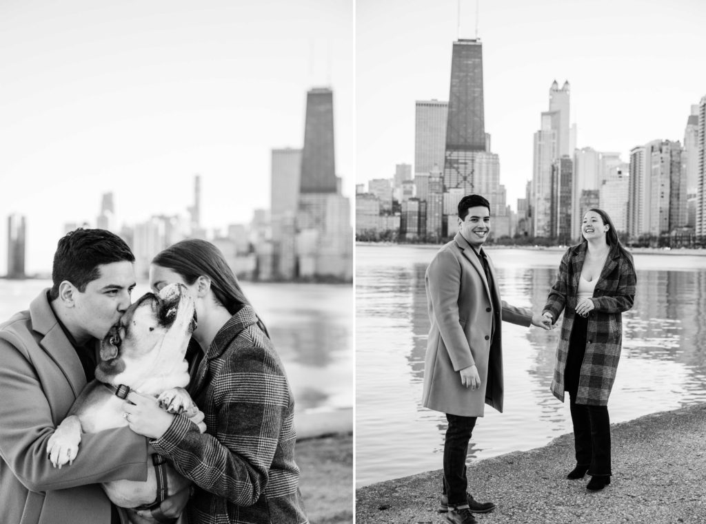 Couple laughing with bulldog during North Avenue Beach engagement photos